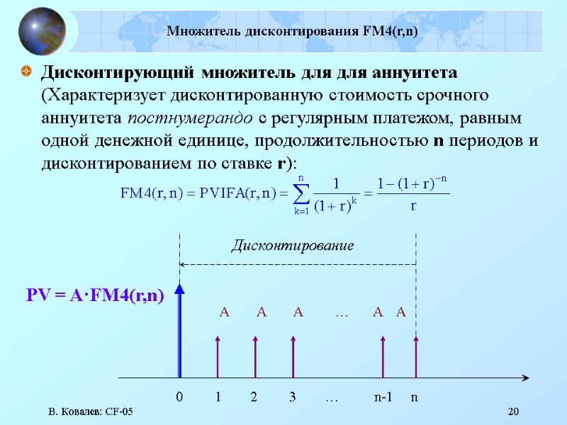 В. Ковалев: CF-05 20 Множитель дисконтирования FM4(r,n) Дисконтирующий множитель для для аннуитета (Характеризует дисконтированную